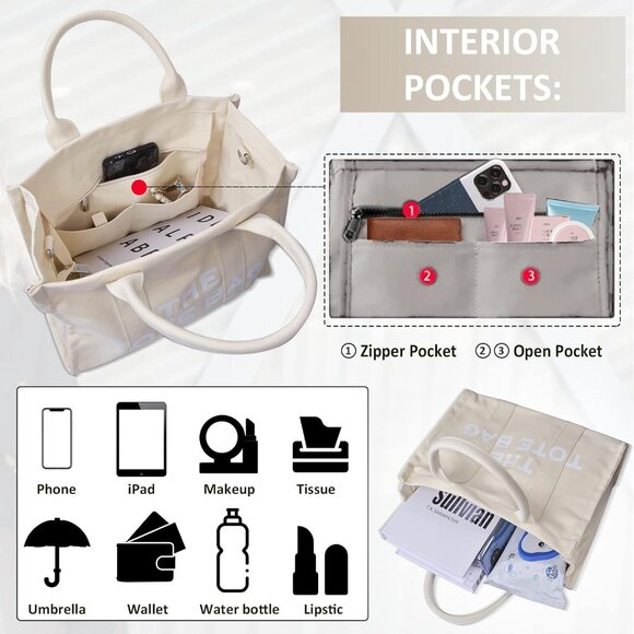 Women Beige Personalized Canvas with Zipper Top-Handle Crossbody Tote Handbag - Picture 4 of 6